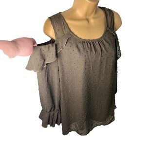 Roz & Ali Swiss Dot Cold Shoulder Blouse Olive Green Ruffle Sheer Sleeve M